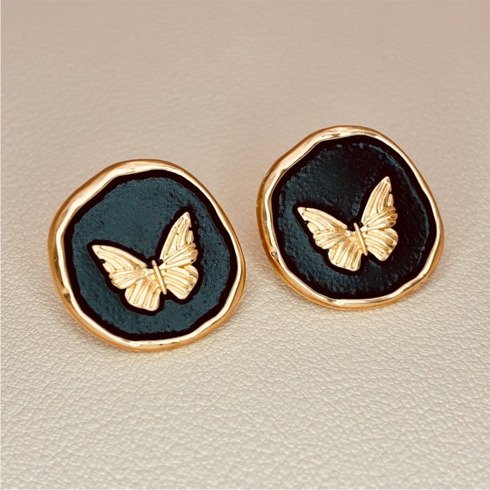 Gold and Black Enamel Butterfly Design Button Stud Earrings
